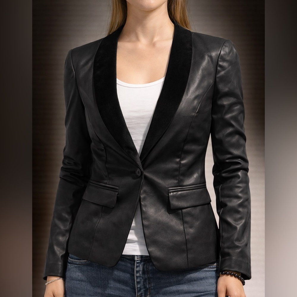 Guess Black Faux Leather Blazer with Velvet Lapel